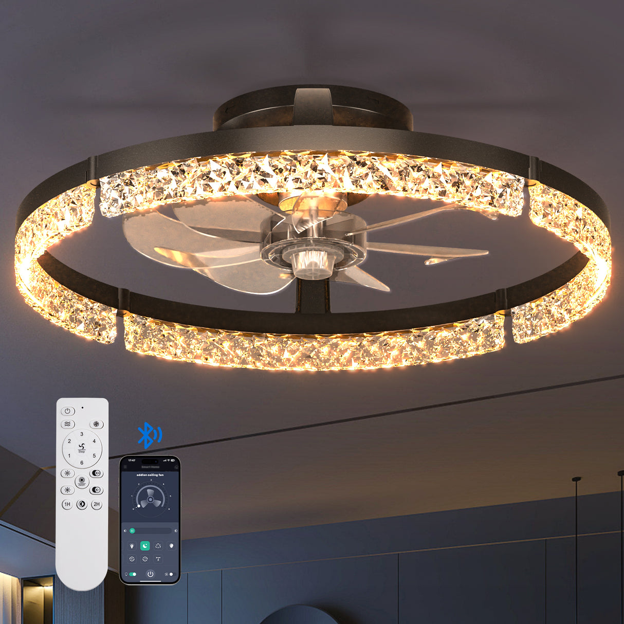 Ceiling Fans with Lights and Remote, 20'' Low Profile Ceiling Fans, 3000-6000K Dimmable Modern Flush Mount LED Fan Light, Fandelier Ceiling Fan for Bedroom, Kitchen, Living Room, White